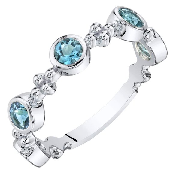 PEORA London Blue Topaz 5-Stone Tiara Stackable Ring Band for Women 925 Sterling Silver, Natural Gemstone, 0.75 Carat total Round Shape, Size 6