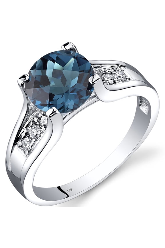London Blue Topaz and Diamond Ring in 14K White Gold, 2.25 Carats total, Cathedral Design, Round Shape Solitaire Engagement, Round Shape, 8mm, Comfort Fit, Size 5