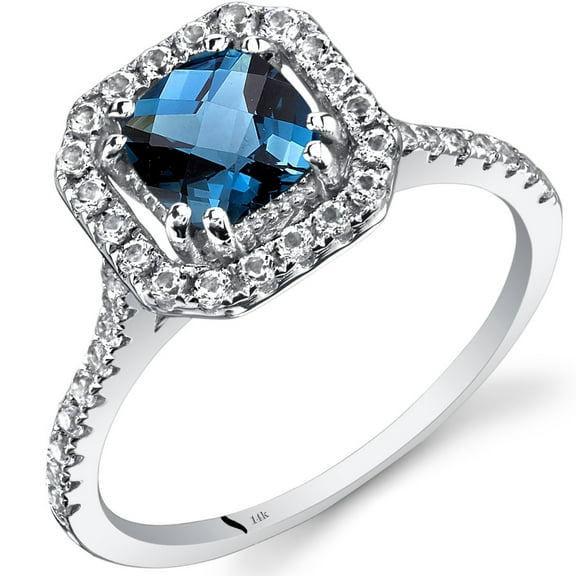 PEORA London Blue Topaz Ring for Women 14K White Gold with White Topaz, Genuine Gemstone, 1 Carat Cushion Cut 6mm, Halo Design, Size 8