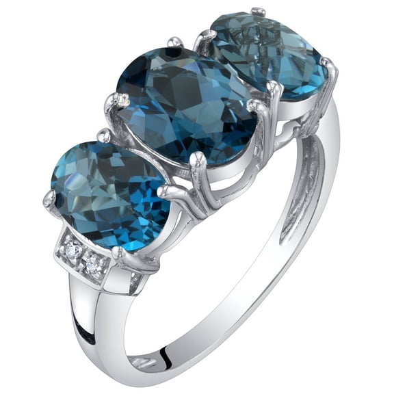 PEORA London Blue Topaz and Diamond Three Stone Triune Ring for Women 14K White Gold, Genuine Gemstone, 2.75 Carats total Oval Shape 7x5mm, Size 6