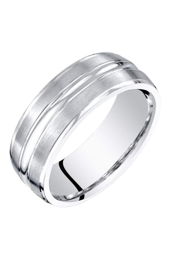 Men's 7mm 14K White Gold Wedding Ring Band, Brushed Matte with Polished Grooves, Comfort Fit Size 15