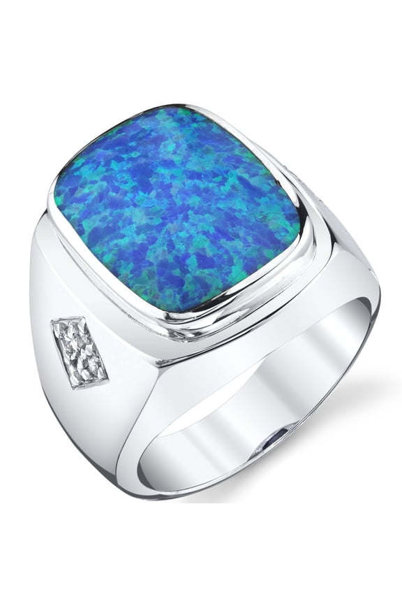 Men's Created Blue Fire Opal Knight Signet Ring 925 Sterling Silver, Large 15x12mm Cushion Cut, Size 8