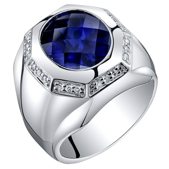PEORA Men's Created Blue Sapphire Signet Ring 925 Sterling Silver, Large 6 Carats Oval Shape 12x10mm, Size 9