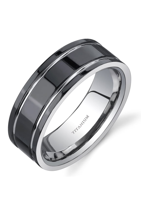 Men's Genuine Black Titanium Classic Wedding Ring Band, 8mm, Comfort Fit, Size 13