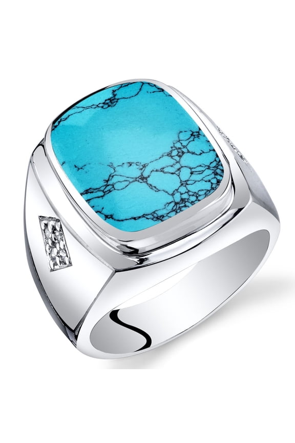 Men's Simulated Turquoise Knight Signet Ring 925 Sterling Silver, Large 15x12mm Cushion Cut, Size 10