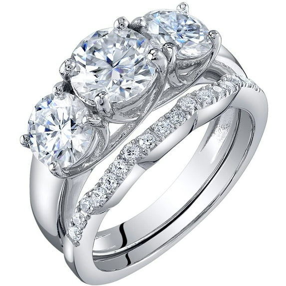 PEORA Moissanite 3-Stone Classic Engagement Ring and Wedding Band Bridal Set in Sterling Silver, 2.75 Carats Total, DE Color, VVS Clarity, Size 6