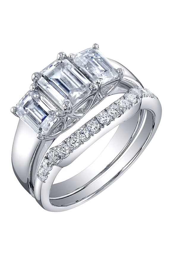 Moissanite 3-Stone Emerald Cut Engagement Ring and Wedding Band Bridal Set in Sterling Silver, 2.50 Carats Total, DE Color, VVS Clarity, Size 4.5