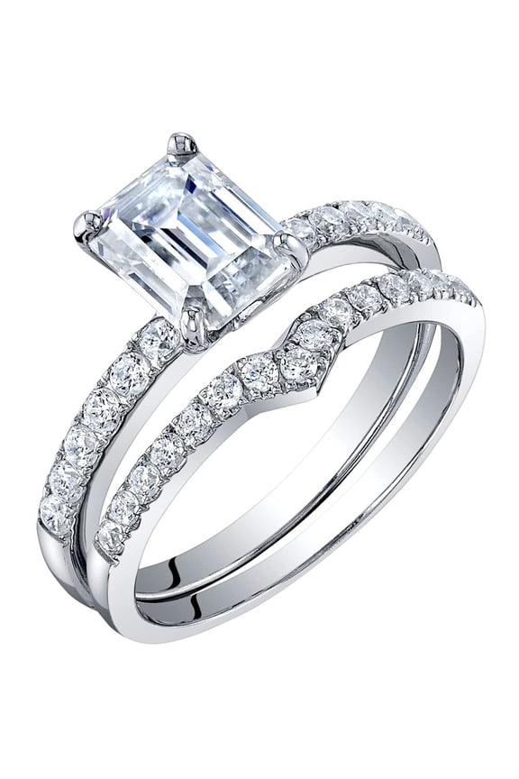 Moissanite Emerald Cut Engagement Ring and Wedding Band Bridal Set in Sterling Silver, 2 Carat Center, DE Color, VVS Clarity, Size 4