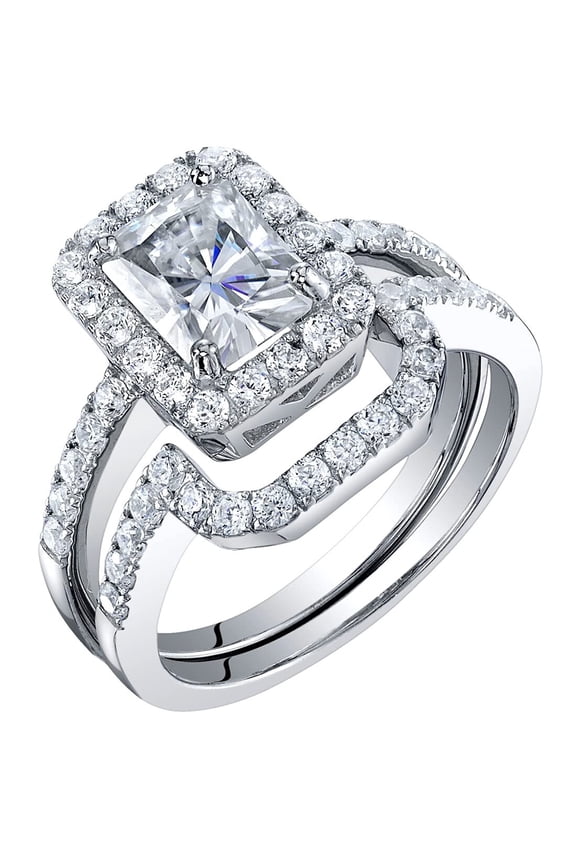Moissanite Radiant Cut Halo Engagement Ring and Wedding Band Bridal Set in Sterling Silver, 2 Carat Center, DE Color, VVS Clarity, Size 10