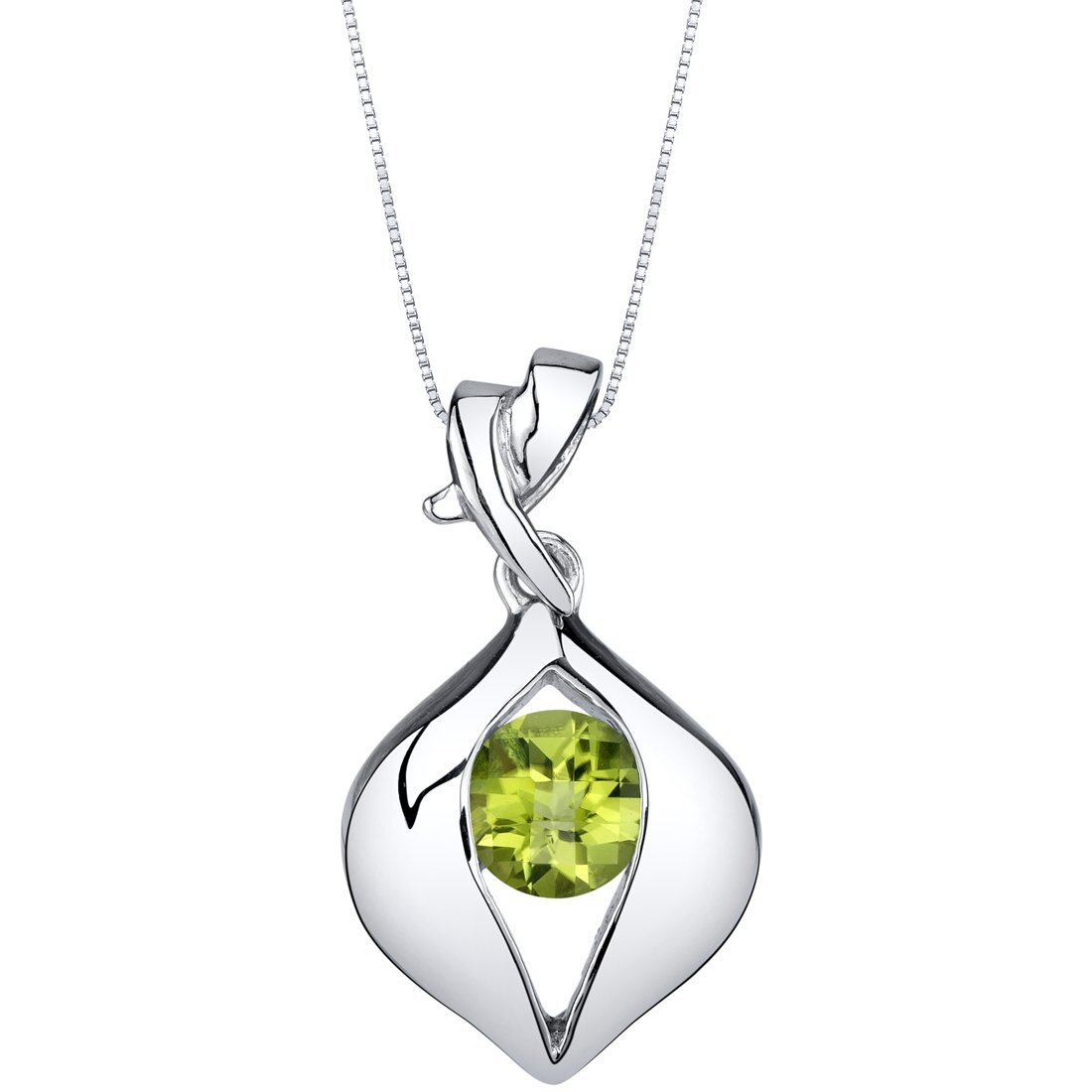 PEORA Peridot Ribboned Pendant Necklace for Women Sterling Silver, Natural Gemstone Solitaire, 1 Carat Round Shape 6mm, with 18 inch Italian Chain