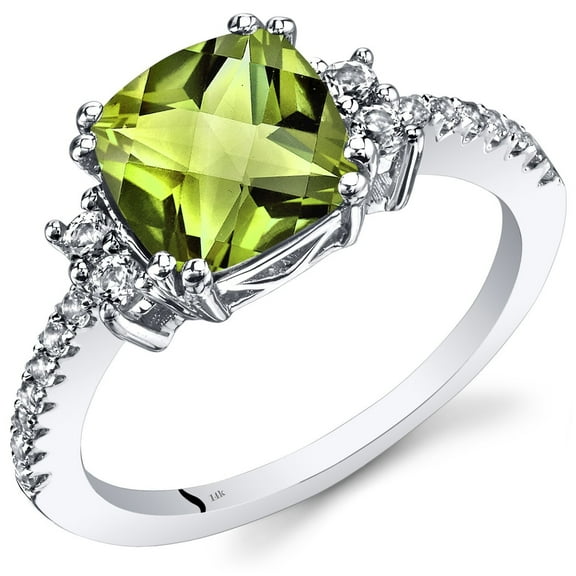 PEORA Peridot Ring for Women in 14K White Gold with White Topaz, Natural Gemstone, Designer 2.53 Carats total, 8mm Cushion Cut, Comfort Fit, Size 7