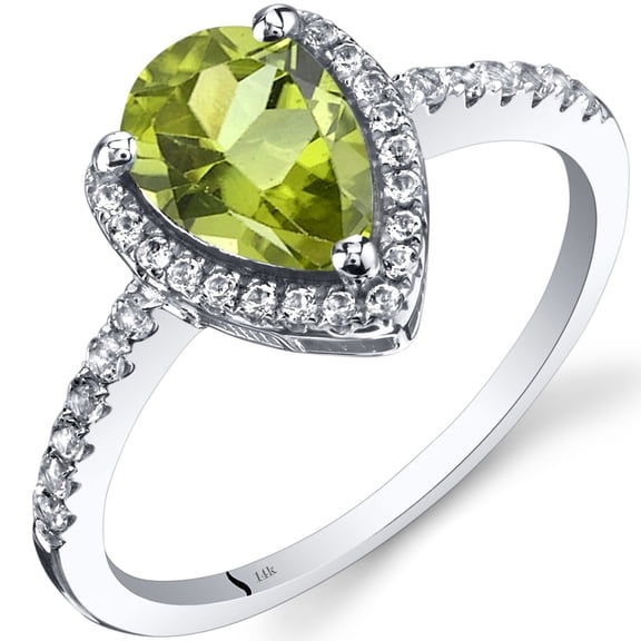 PEORA Peridot Teardrop Halo Ring for Women 14K White Gold with White Topaz, Natural Gemstone, 1.25 Carats Pear Shape 9x6mm, Size 9