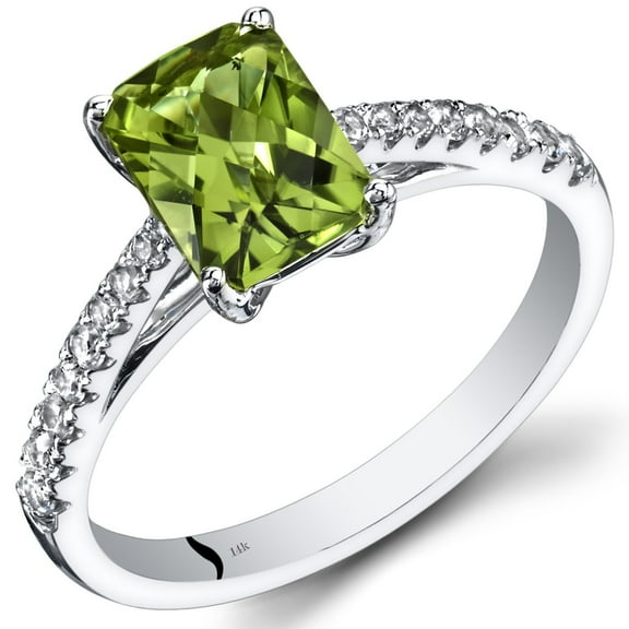 PEORA Peridot with White Topaz Venetian Solitaire Ring for Women 14K White Gold, Genuine Gemstone, 1.50 Carats Radiant Cut 8x6mm, Size 8