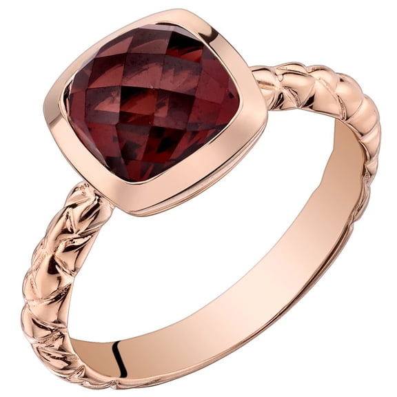 PEORA Red Garnet Solitaire Dome Ring for Women 14K Rose Gold, Genuine Gemstone, 2.50 Carats Cushion Cut 7mm, AAA Grade, Size 5