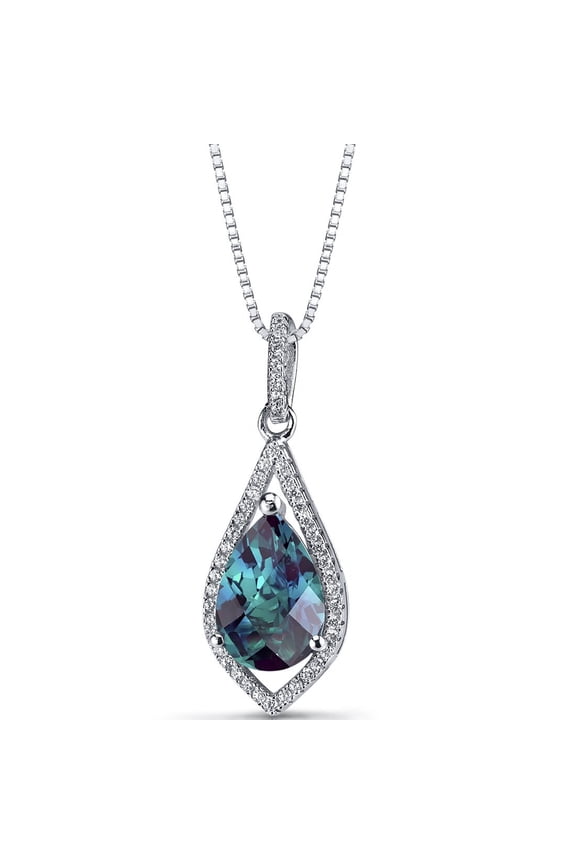 Simulated Alexandrite Floating Teardrop Pendant Necklace for Women 925 Sterling Silver, Color Changing 3.75 Carats Pear Shape 12x8mm, with 18 inch Chain