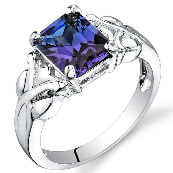 PEORA Simulated Alexandrite Ring 925 Sterling Silver, Criss-Cross Solitaire, Color-Changing 2.75 Carats Radiant Cut 9x7mm, Comfort Fit, Size 6, Sparkling Color Change Alexandrite Jewelry