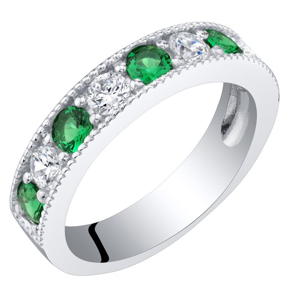 PEORA Simulated Emerald 4mm Milgrain Half-Eternity Anniversary Wedding Ring Band for Women 925 Sterling Silver, 0.50 Carat total Round Shape, Size 9