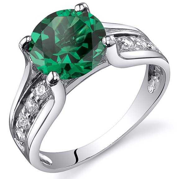 PEORA Simulated Emerald Cathedral Ring in Sterling Silver, Solitaire Round Shape, 8mm, 1.75 Carats total, Comfort Fit Size 6