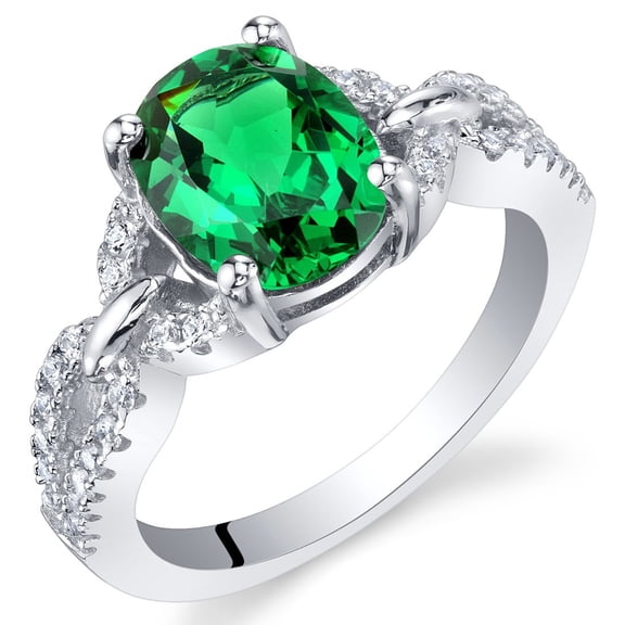 PEORA Simulated Emerald Forever Ring for Women 925 Sterling Silver, 1.10 Carats Oval Shape 9x7mm, Size 6