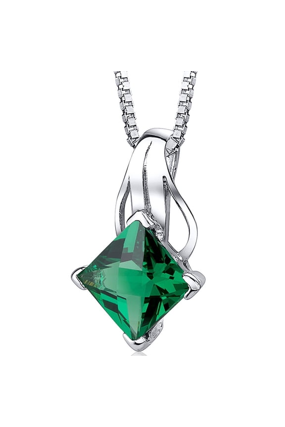 Simulated Emerald Signature Solitaire Pendant Necklace for Women 925 Sterling Silver, 2 Carats Princess Cut 9mm, with 18 inch Chain
