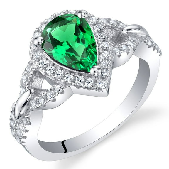 PEORA Simulated Emerald Teardrop Crest Ring for Women 925 Sterling Silver, 1 Carat Pear Shape 9x6mm, Size 7
