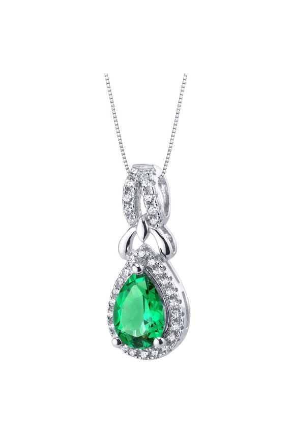 Simulated Emerald Teardrop Regina Halo Pendant Necklace for Women 925 Sterling Silver, 1 Carat Pear Shape 9x6mm, with 18 inch Chain