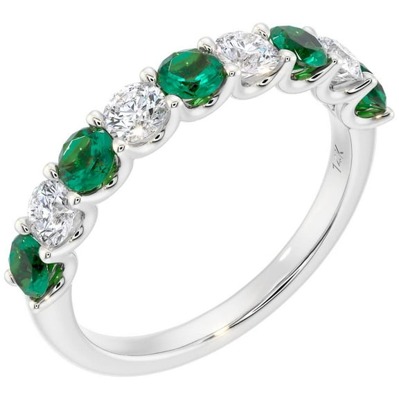 PEORA Solid 14K White Gold 1 Carat Lab Grown Diamond and Created Emerald 9-Stone Half Eternity Band for Women, Wedding Anniversary Stackable Ring, Size 8.5