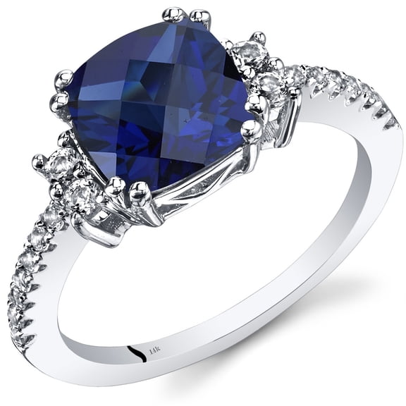 PEORA Solid 14K White Gold Created Blue Sapphire Ring with Genuine White Topaz, 3 Carats, Cushion Cut, 8mm, Size 8