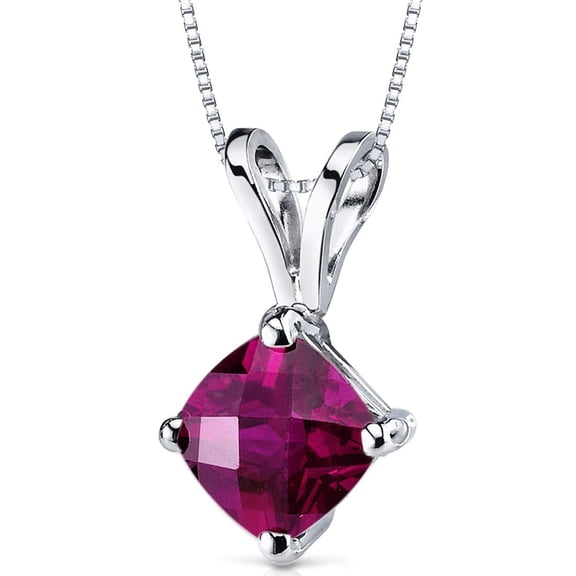 PEORA Solid 14K White Gold Created Ruby Pendant for Women, Classic Solitaire, Cushion Cut, 6mm, 1 Carat total