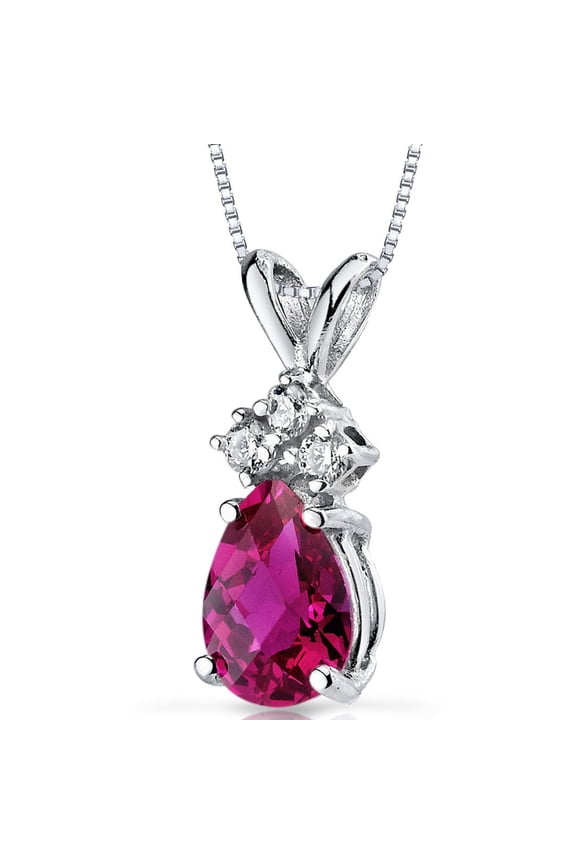 Solid 14K White Gold Created Ruby with Genuine Diamonds Pendant for Women, Dainty Teardrop Solitaire, Pear Shape, 7x5mm, 1 Carat total