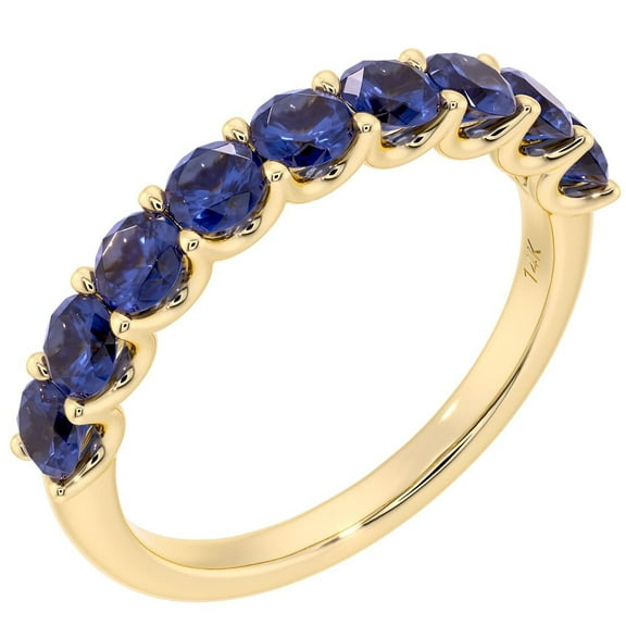 PEORA Solid 14K Yellow Gold 1 Carat Created Blue Sapphire 9-Stone Half Eternity Band for Women, Wedding Anniversary Stackable Ring, Size 9.5