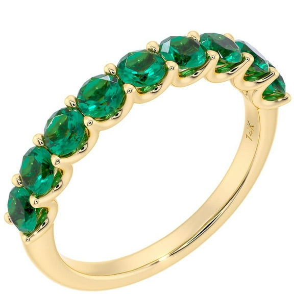 PEORA Solid 14K Yellow Gold 1 Carat Created Emerald 9-Stone Half Eternity Band for Women, Wedding Anniversary Stackable Ring, Size 9.5