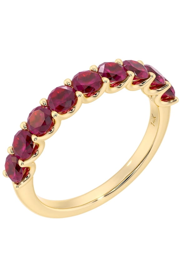 Solid 14K Yellow Gold 1 Carat Created Ruby 9-Stone Half Eternity Band for Women, Wedding Anniversary Stackable Ring, Size 7.5
