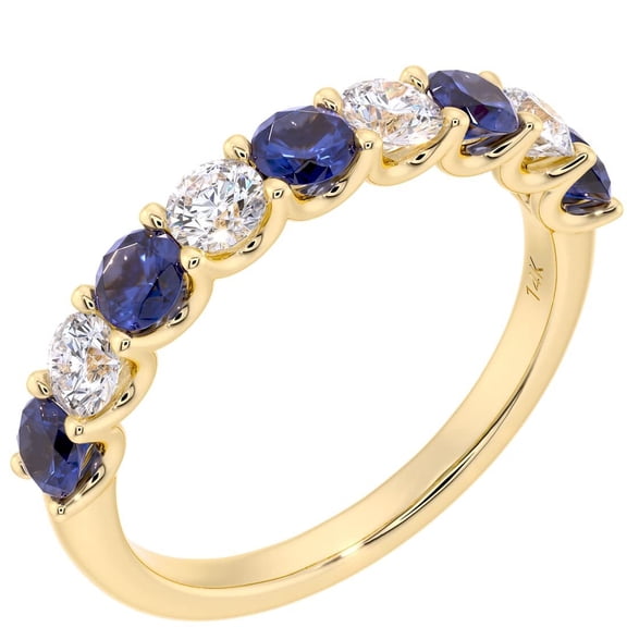 PEORA Solid 14K Yellow Gold 1 Carat Lab Grown Diamond and Created Blue Sapphire 9-Stone Half Eternity Band for Women, Wedding Anniversary Stackable Ring, Size 9.5