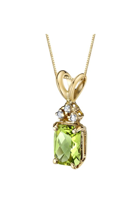 Solid 14K Yellow Gold Peridot and Diamonds Pendant for Women, Genuine Gemstone, Radiant Cut, 7x5mm, 1 Carat total