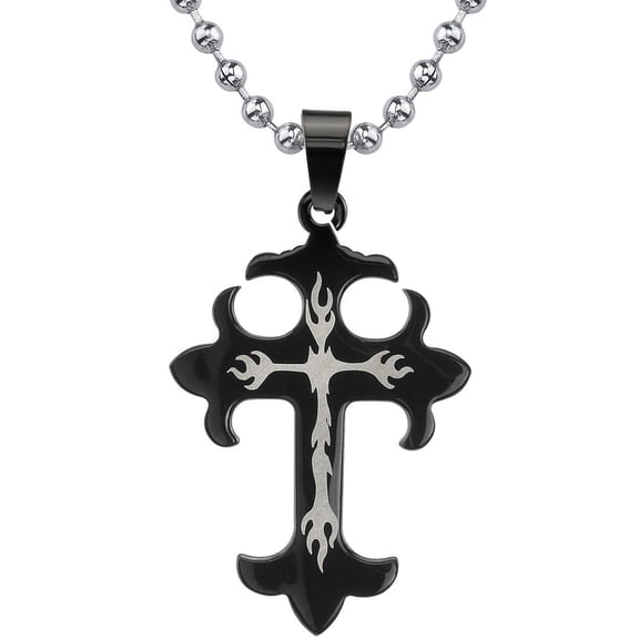 PEORA Stainless Steel Gothic Cross Pendant for Men, Black Gunmetal Finish, 18+4 inch Ball Chain