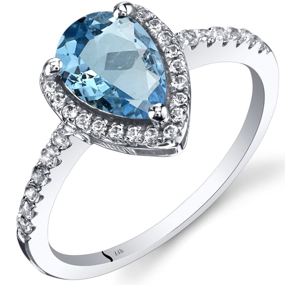 PEORA Swiss Blue Topaz Teardrop Halo Ring for Women 14K White Gold with White Topaz, Natural Gemstone, 1.50 Carats Pear Shape 9x6mm, Size 8