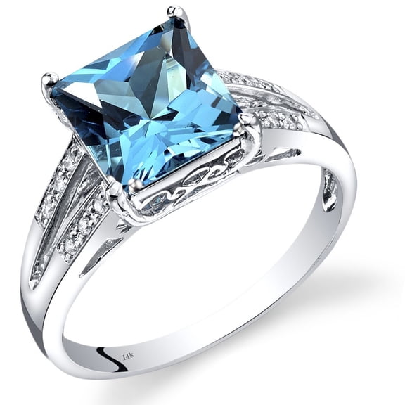 PEORA Swiss Blue Topaz and Diamond Ring for Women 14K White Gold, Elegant Cathedral Design, Natural Gemstone, 3 Carats Princess Cut 8mm, Size 7
