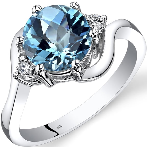 PEORA Swiss Blue Topaz and Diamond Ring for Women 14K White Gold, Natural Gemstone, Bypass Solitaire Design, 2.25 Carats Round Shape 8mm, Size 7