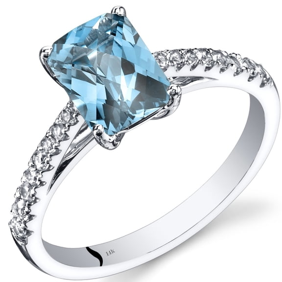 PEORA Swiss Blue Topaz with White Topaz Venetian Solitaire Ring for Women 14K White Gold, Genuine Gemstone, 1.75 Carats Radiant Cut 8x6mm, Size 8