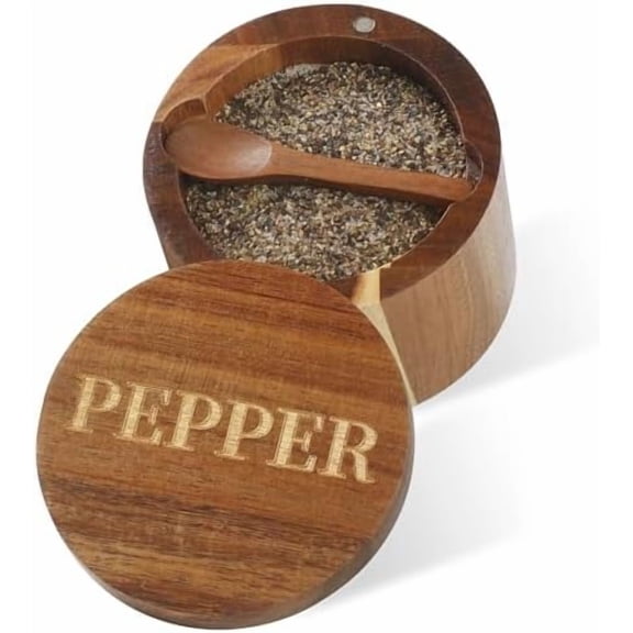 PEPPER Cellar, Acacia Wood Salt Container with Built-in Spoon & Swivel Lid, Engraved PEPPER Box, Salt Holder Bowl for Countertop Seasoning Storage
