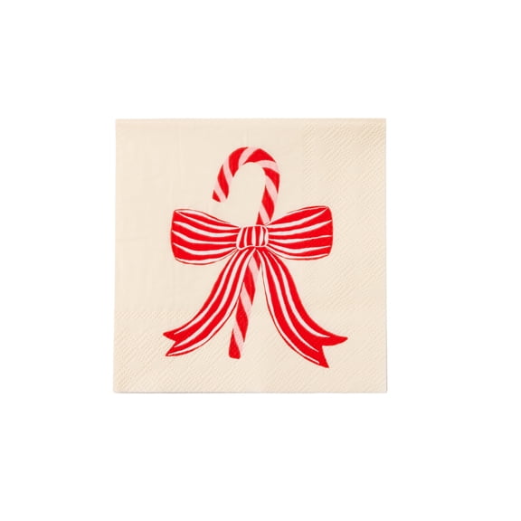Bonjour Fte Candy Cane Bow Cocktail Paper Napkins, Disposable Party Supplies, 20 Count, Small, Beverage Size, Christmas