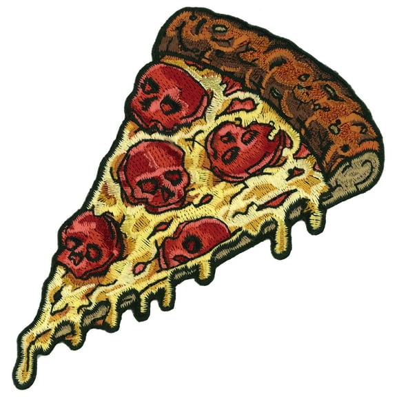 PEPPERONI SKULL PIZZA SLICE Patch - High Thread Iron-on Heat Sealed Backing Sew-on Patch - 4.5"x3"