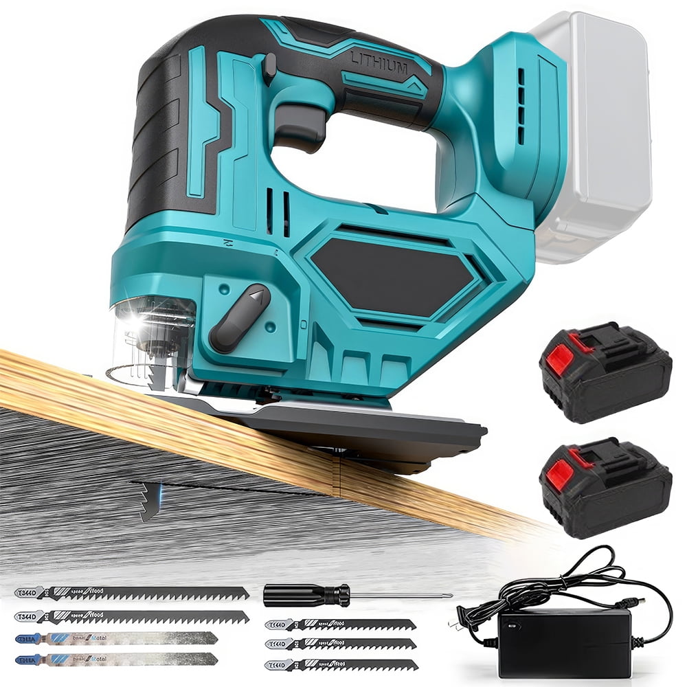 PEPWELL 21V Cordless Jig Saw, 2700RPM Variable Speed with 2×1300mAh Batteries, 0°-45° Bevel Cuts, 3 Orbital Settings, LED Light, Tool-Free Blade Change & Safety Lock for Wood Cutting