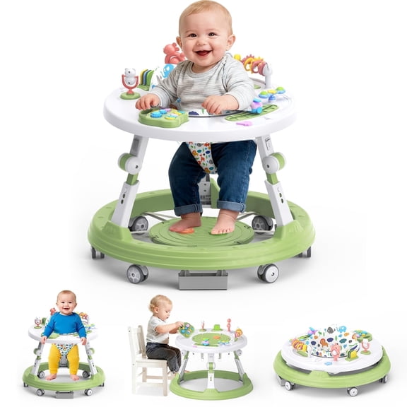 PEPWELL 4-in-1 Foldable Activity Center- Baby Walker with Wheels, 360-Degree Rotatable Play Tray, 3-Stage Adjustable Height, for Boys and Girls 6-18 Months, Music and Lights(Green)