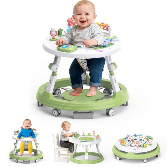 PEPWELL 4-in-1 Foldable Activity Center- Baby Walker with Wheels, 360-degree Rotatable Play Tray, 3-Stage Adjustable Height, for Boys and Girls 6-18 Months, Music and Lights(Green)