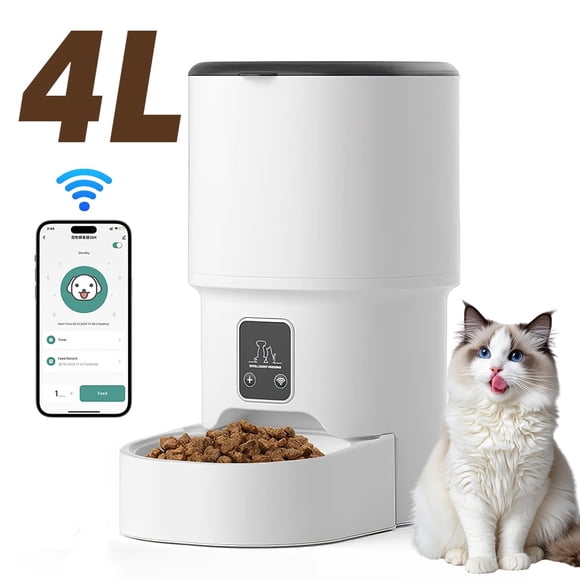 PEPWELL 4L WiFi Automatic Pet Feeder - 2.4GHz App Remote Control, Dual Power Supply, Programmable Dry Food Feeder for Cats/Dogs, Anti-Clog 16mm Food Compatible