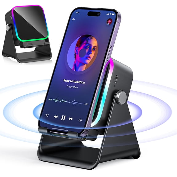 PEPWELL 5-in-1 Smart Induction Bluetooth 5.3 Speaker - 5000mAh Charger 360 Adjustable Phone Stand, 8 RGB Ambient Light 52mm Hi-Fi Stereo, Type-C for iPhone/Android/iPad, Gifts