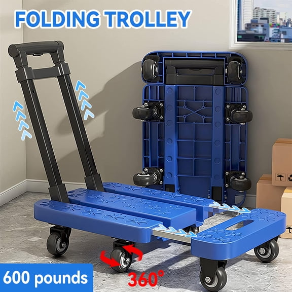 PEPWELL 600LBS Foldable Portable Trolley - 6 Rotatable Bearing Wheels, 3-Level Adjustable Handle, Anti-Slip Surface & Elastic Cord, Heavy Duty for Luggage, Shopping & Office Use