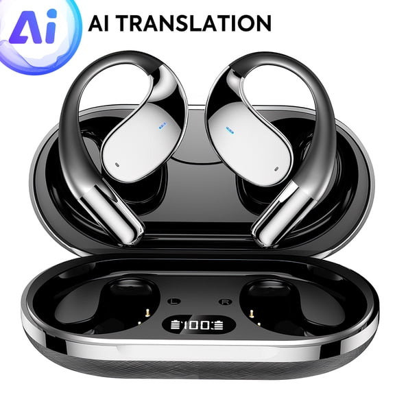 PEPWELL AI 144-Language Real-Time Translator OWS Earbuds - Bluetooth 5.4, Non-In-Ear Earhook Sports, 3-in-1 Music/Calls, Digital Display Long Battery for Travel/Business